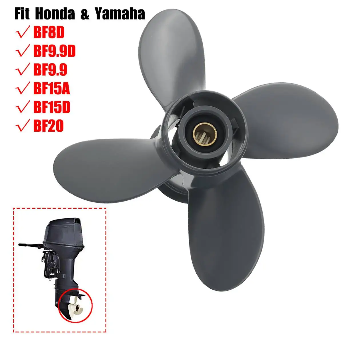 Propeller 4 Blade 9 1/4X10 Fit Honda and Yamaha Outboard BF8D BF9.9D BF9.9 BF15A BF15D BF20 Aluminum Outboard Propeller
Propeller 4 Blade 9 1/4X10 Fit Honda and Yamaha Outboard BF8D BF9.9D BF9.9 BF15A BF15D BF20 Aluminum Outboard Propeller
