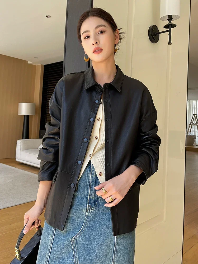 Casual Genuine Leather Shirts Jackets for Women Spring Autumn Simple Loose Soft Black Real Sheepskin Coat couro genuino feminino
Casual Genuine Leather Shirts Jackets for Women Spring Autumn Simple Loose Soft Black Real Sheepskin Coat couro genuino feminino