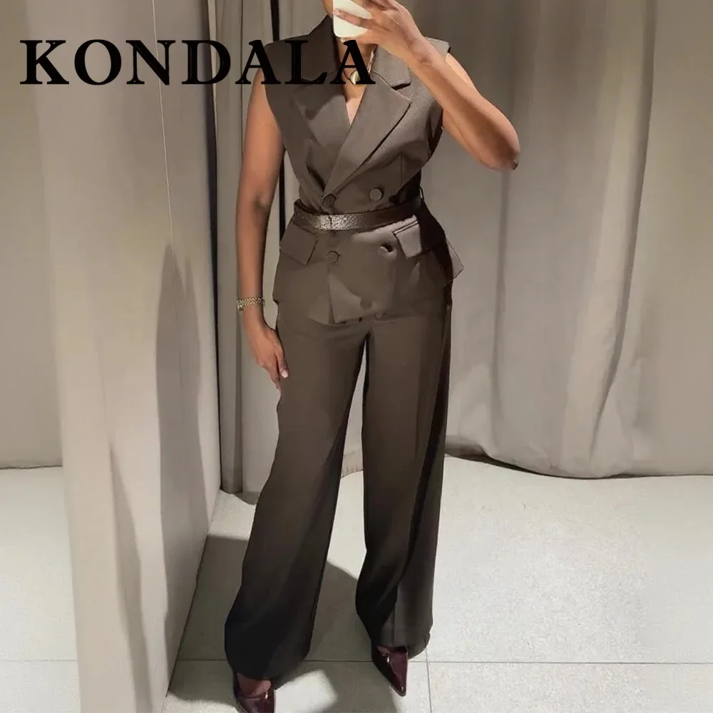 KONDALA винтажный шикарный коричневый женский повседневный костюм, двубортный жилет с поясом + карман на молнии, длинные брюки, элегантный модный женский комплект 2025 г. 
KONDALA винтажный шикарный коричневый женский повседневный костюм, двубортный жилет с поясом + карман на молнии, длинные брюки, элегантный модный женский комплект 2025 г.