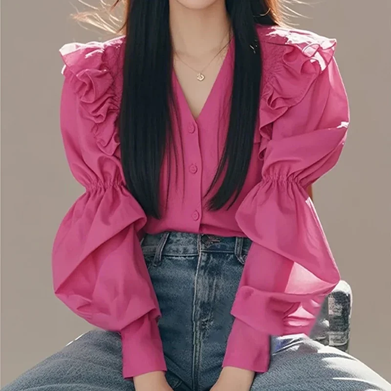 Chiffon Women's Blouses Ruffle Korean Shirts Vintage Loose Spring/Summer V-neck Clothing Solid Long Sleeve Women Tops
Chiffon Women's Blouses Ruffle Korean Shirts Vintage Loose Spring/Summer V-neck Clothing Solid Long Sleeve Women Tops