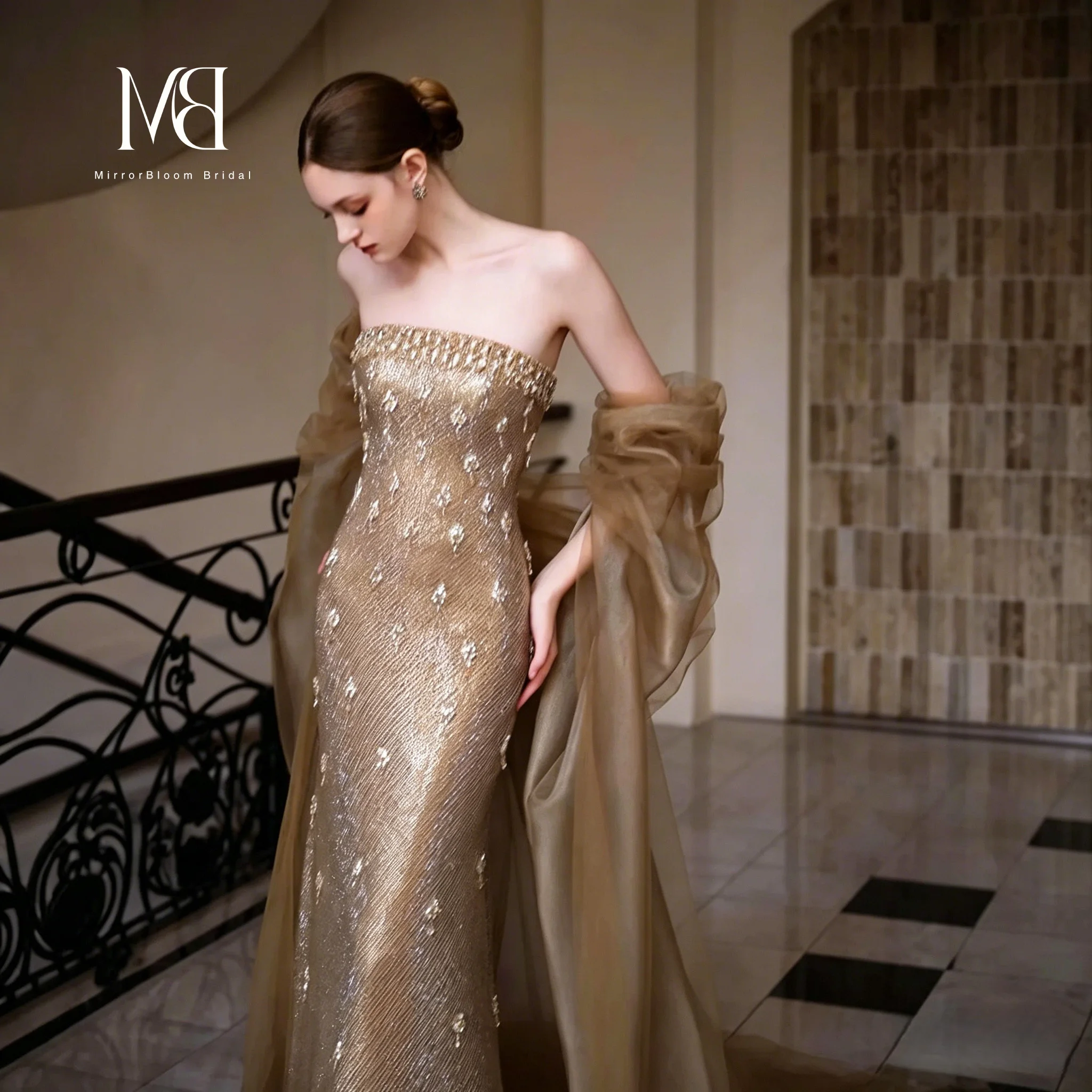 Luxury Gold Strapless Mermaid Evening Dress Women Beaded Rhinestone Lace Cape Floor-Length Formal Wedding Guest Prom Gown Custom
Luxury Gold Strapless Mermaid Evening Dress Women Beaded Rhinestone Lace Cape Floor-Length Formal Wedding Guest Prom Gown Custom