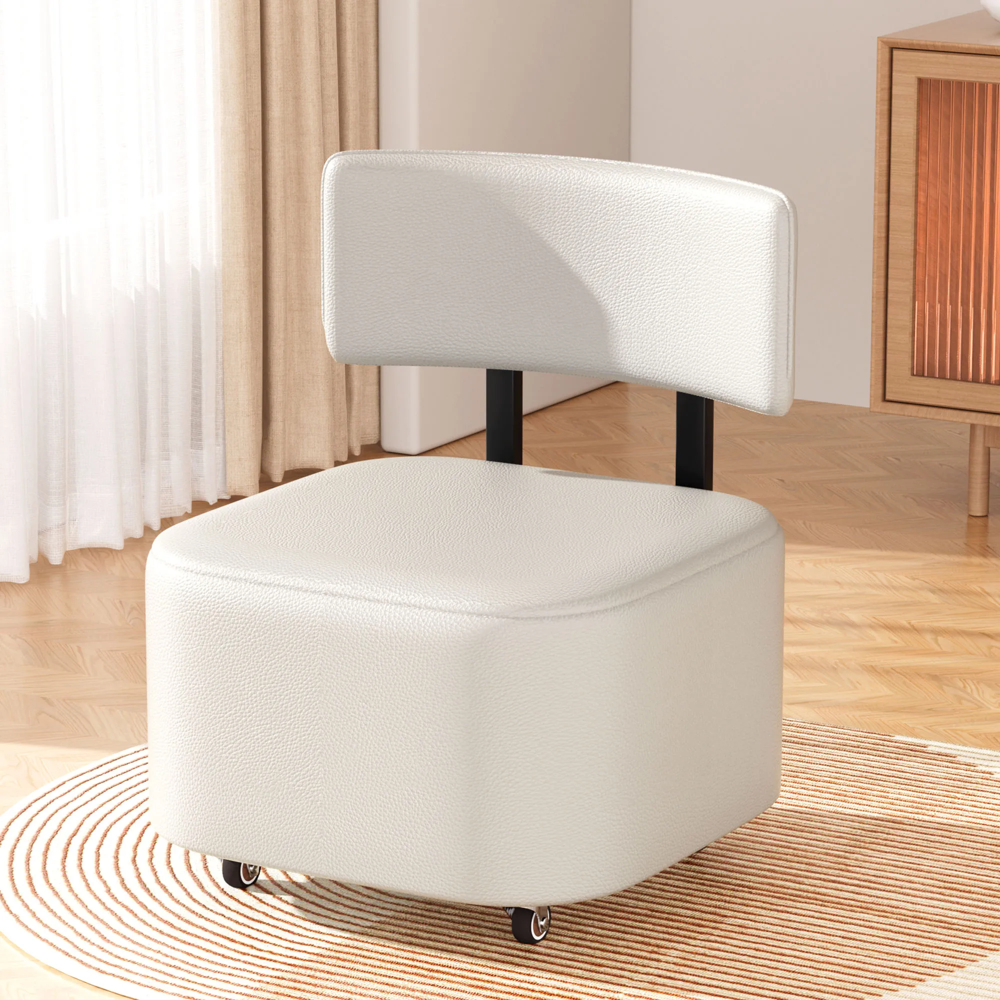 Modern Round Accent Chair with Wheels, White Faux Leather Upholstered Seat with Backrest, Rolling Vanity Stool for LiviNG Room
Modern Round Accent Chair with Wheels, White Faux Leather Upholstered Seat with Backrest, Rolling Vanity Stool for LiviNG Room