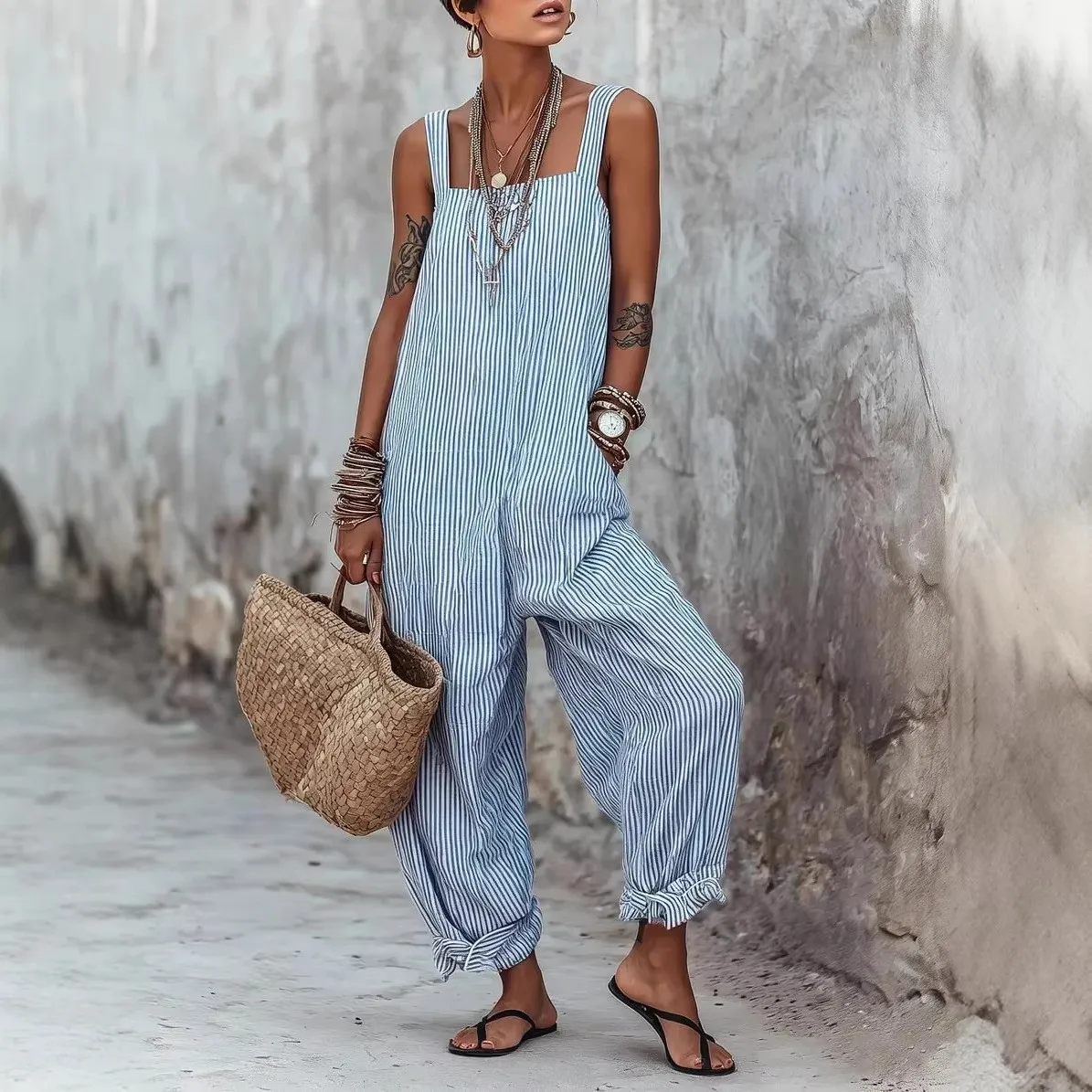 Women's Summer Jumpsuit Sleeveless Striped Casual Romper High Waist Wide Leg Overalls Blue Striped Backless Cropped Cuff
Women's Summer Jumpsuit Sleeveless Striped Casual Romper High Waist Wide Leg Overalls Blue Striped Backless Cropped Cuff