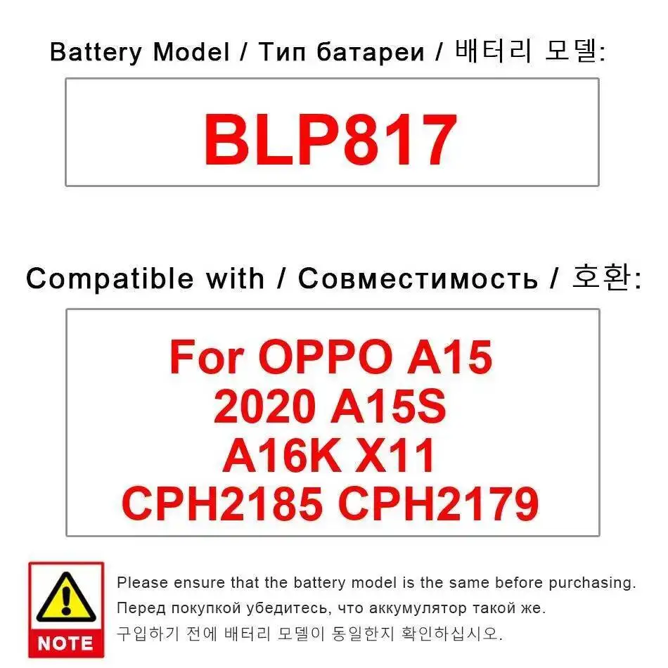 Long-Lasting BLP817 For Oppo A15 2020 A15S A16K X11 CPH2185 CPH2179 4230Mah Mobile Phone Battery
Long-Lasting BLP817 For Oppo A15 2020 A15S A16K X11 CPH2185 CPH2179 4230Mah Mobile Phone Battery