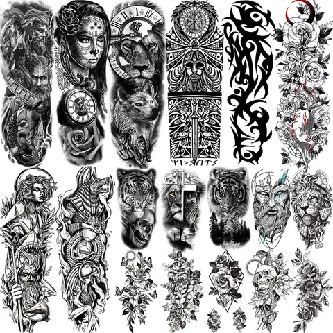 Full Arm Temporary Tattoos Sleeve For Men Women Realistic Fake Tatoos Warrior Lion Tiger Flower Tatoo Sticker Black Totem Maori