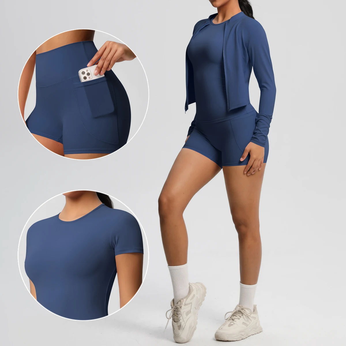 3Pieces Sports Fitness Yoga Clothing Set Solid Color Scrunch Short Sleeve and Zipper Jacket High Stretch Pockets Shorts Yoga Set
3Pieces Sports Fitness Yoga Clothing Set Solid Color Scrunch Short Sleeve and Zipper Jacket High Stretch Pockets Shorts Yoga Set