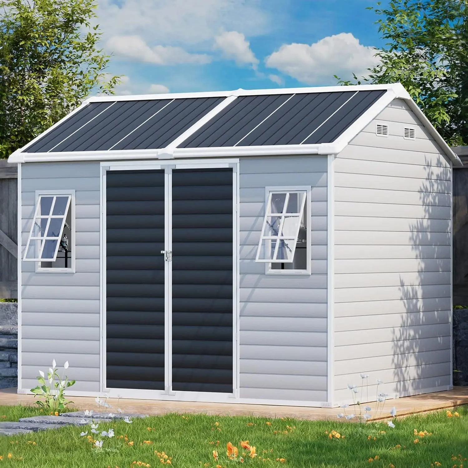 8x6FT Resin Shed w Floor Window Vent Lock Door Waterproof Tool Backyard, Customized
8x6FT Resin Shed w Floor Window Vent Lock Door Waterproof Tool Backyard, Customized
