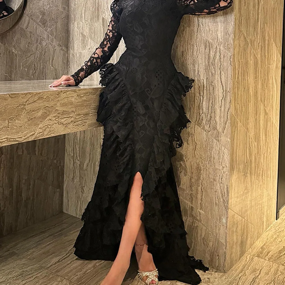 Fashion Lace Straight High Collar Evening Dress Front Slit Floor Length Long Sleeves Zipper Back vestidos de noche Photo Color
Fashion Lace Straight High Collar Evening Dress Front Slit Floor Length Long Sleeves Zipper Back vestidos de noche Photo Color