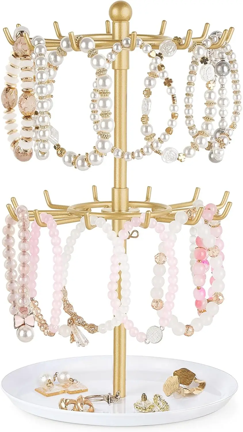 Mkono Bracelet Holder Gold Metal Rotating Bracelet Display Stand 2 Tier Jewelry Organizer with 24 Hooks and Wood Tray Adjustable Tree Stand Tower Rack for Storage Selling KeyChain Bangle Accessories
Mkono Bracelet Holder Gold Metal Rotating Bracelet Display Stand 2 Tier Jewelry Organizer with 24 Hooks and Wood Tray Adjustable Tree Stand Tower Rack for Storage Selling KeyChain Bangle Accessories