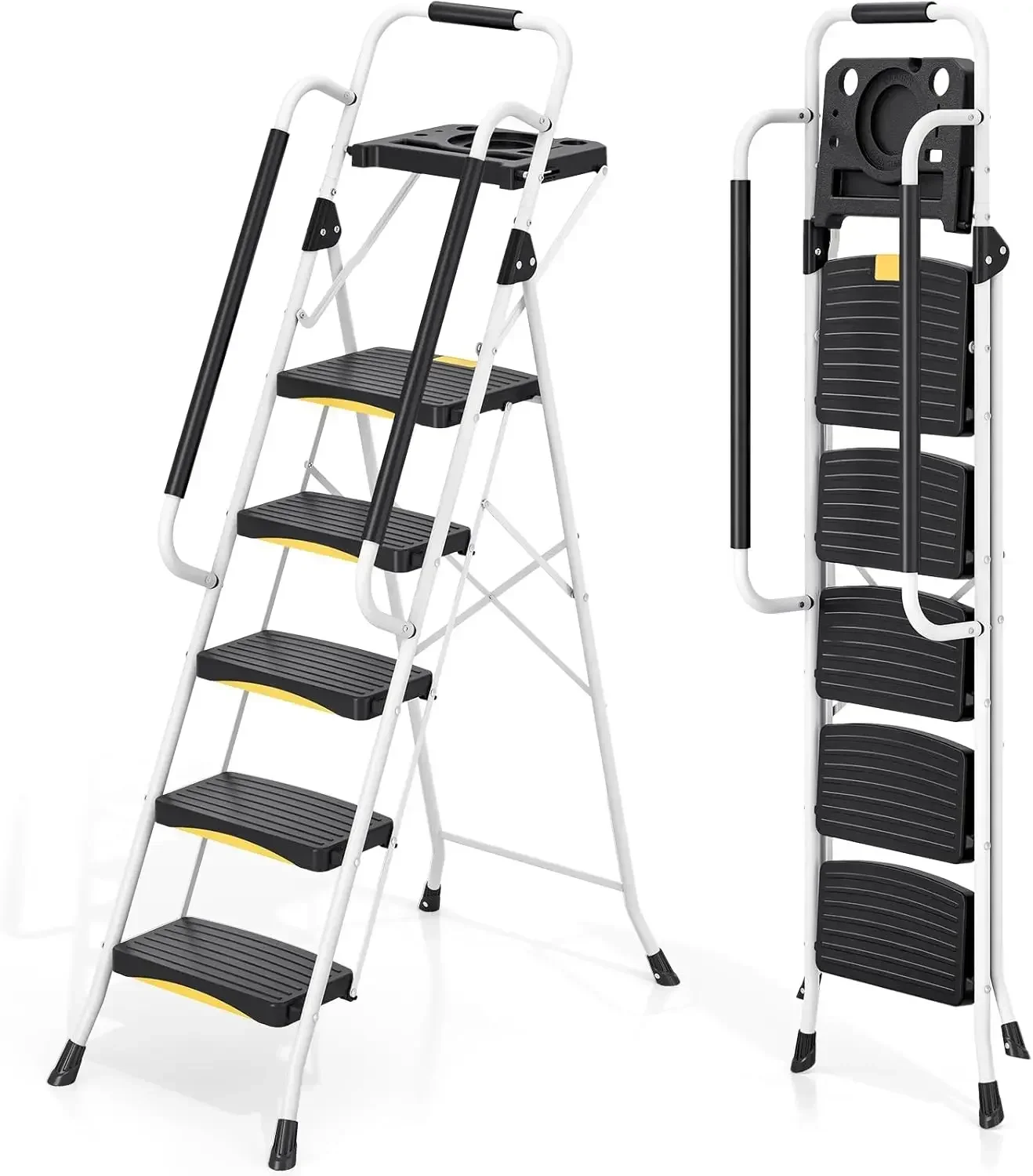 5 Step Ladder with Tool Tray, Folding Steel Step Stool with Safety Lock, Anti-Slip Wide Pedals, Pass 800lbs Load Testing, Handra
5 Step Ladder with Tool Tray, Folding Steel Step Stool with Safety Lock, Anti-Slip Wide Pedals, Pass 800lbs Load Testing, Handra