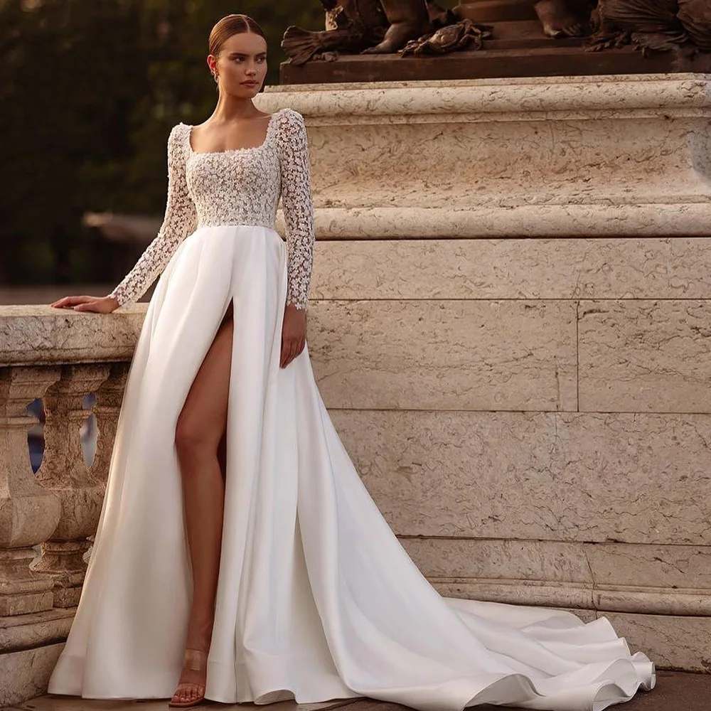 Elegant Square Neck Long Sleeves Full Lace Boho Beach Bridal Grown Wedding Dresses Side Slit Custom Made 2025 Rode De Morrie
Elegant Square Neck Long Sleeves Full Lace Boho Beach Bridal Grown Wedding Dresses Side Slit Custom Made 2025 Rode De Morrie
