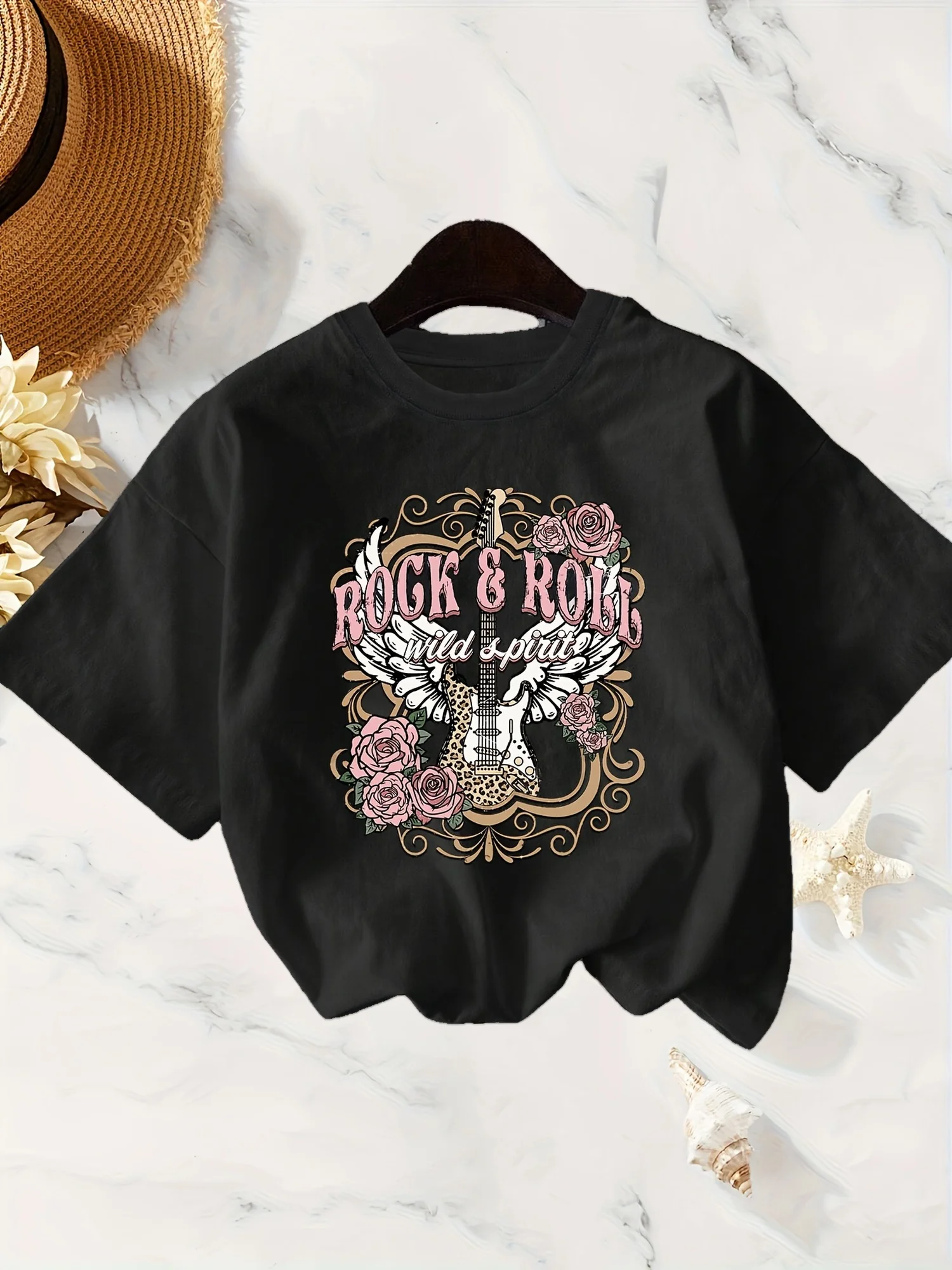 Vintage Rock N Roll Wild Spirit Lets Rock Guitar Floral. Print T-Shirt, Short Sleeve Crew Neck Casual Top for Summer & Spring,
Vintage Rock N Roll Wild Spirit Lets Rock Guitar Floral. Print T-Shirt, Short Sleeve Crew Neck Casual Top for Summer & Spring,
