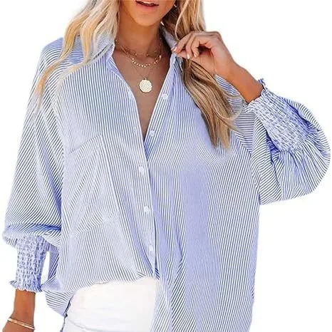 European and American Striped Long-sleeved Loose Shirt Casual Women's New Pocket Top
European and American Striped Long-sleeved Loose Shirt Casual Women's New Pocket Top