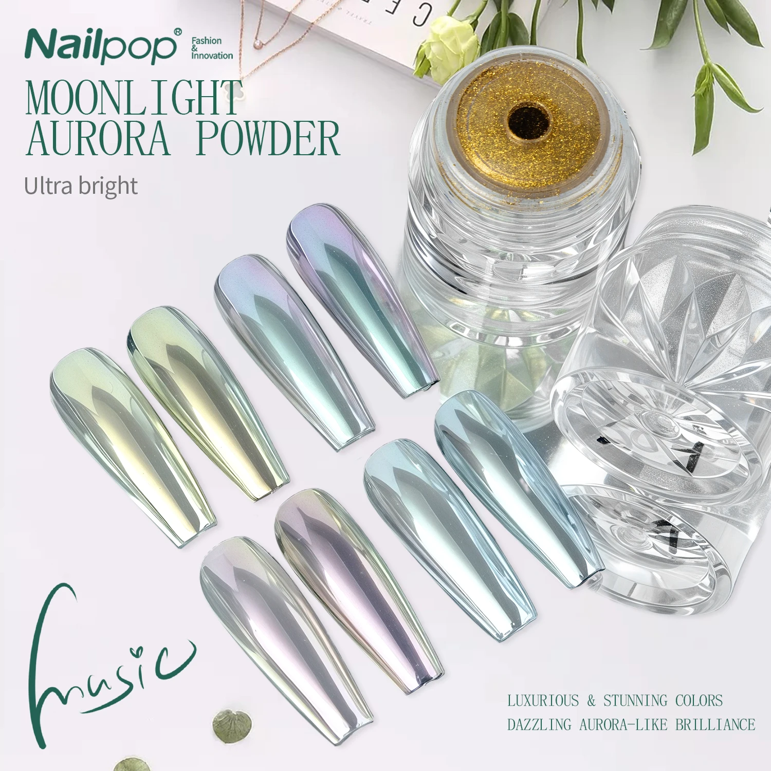 Nailpop Moonlight Aurora Powder Супер блестящая зеркальная пудра для ногтей с блестками для гель-лака Красочный пигмент для маникюра 0,2 г/0,5 г
Nailpop Moonlight Aurora Powder Супер блестящая зеркальная пудра для ногтей с блестками для гель-лака Красочный пигмент для маникюра 0,2 г/0,5 г