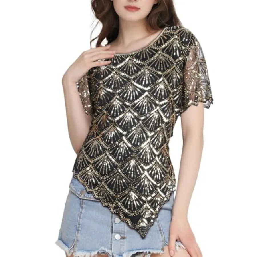 Formal Gatsby shirt for women: sequin-beaded shimmer blouse with fish-scale bell sleeves and irregular hem, polyester blend, go
Formal Gatsby shirt for women: sequin-beaded shimmer blouse with fish-scale bell sleeves and irregular hem, polyester blend, go