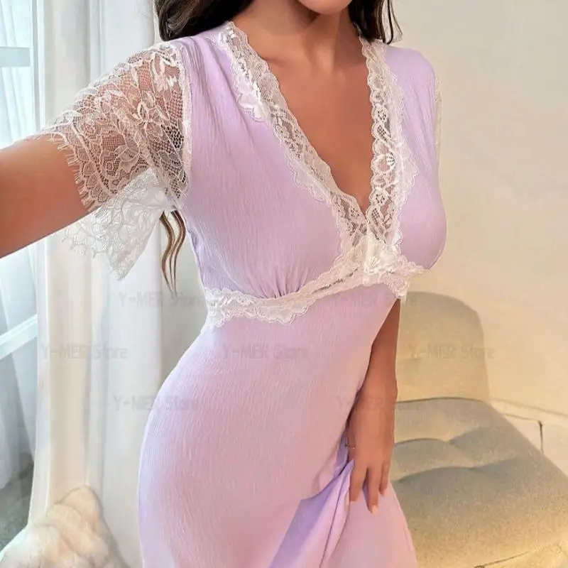 Vintage Court Style Nightdress Lady Elegant Long Dress Sexy V-Neck Lace Floral Sleepwear Cotton Short Sleeve Vestidos Loungewear
Vintage Court Style Nightdress Lady Elegant Long Dress Sexy V-Neck Lace Floral Sleepwear Cotton Short Sleeve Vestidos Loungewear