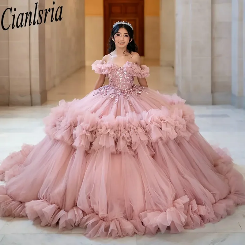 Pink Off The Shoulder Tulle Pleat Quinceanera Dresses Ball Gown Sequined Appliques Lace Sweet 15 Años Mexican Customized
Pink Off The Shoulder Tulle Pleat Quinceanera Dresses Ball Gown Sequined Appliques Lace Sweet 15 Años Mexican Customized