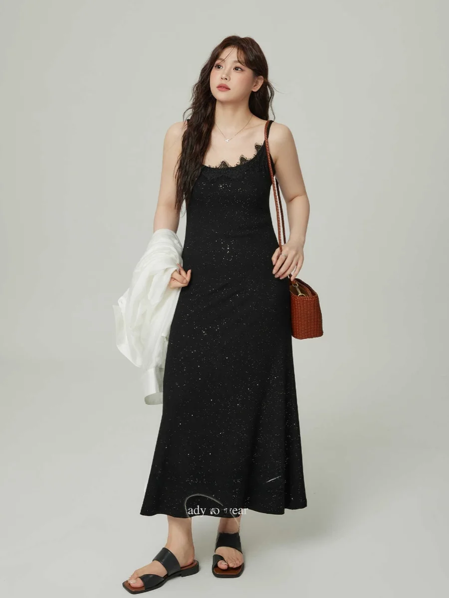 plus Size Women's Lace Trim Sequin Belted Slimming Strap Dress Transparent Summer Outfit with White Shirt Korean Style Commute
plus Size Women's Lace Trim Sequin Belted Slimming Strap Dress Transparent Summer Outfit with White Shirt Korean Style Commute