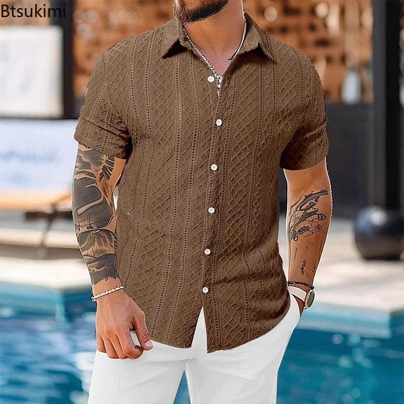 New Men's Textured Short Sleeve Shirts Summer Striped Solid Color Fashion European Cardigan American Retro Daily Commute Blouse
New Men's Textured Short Sleeve Shirts Summer Striped Solid Color Fashion European Cardigan American Retro Daily Commute Blouse