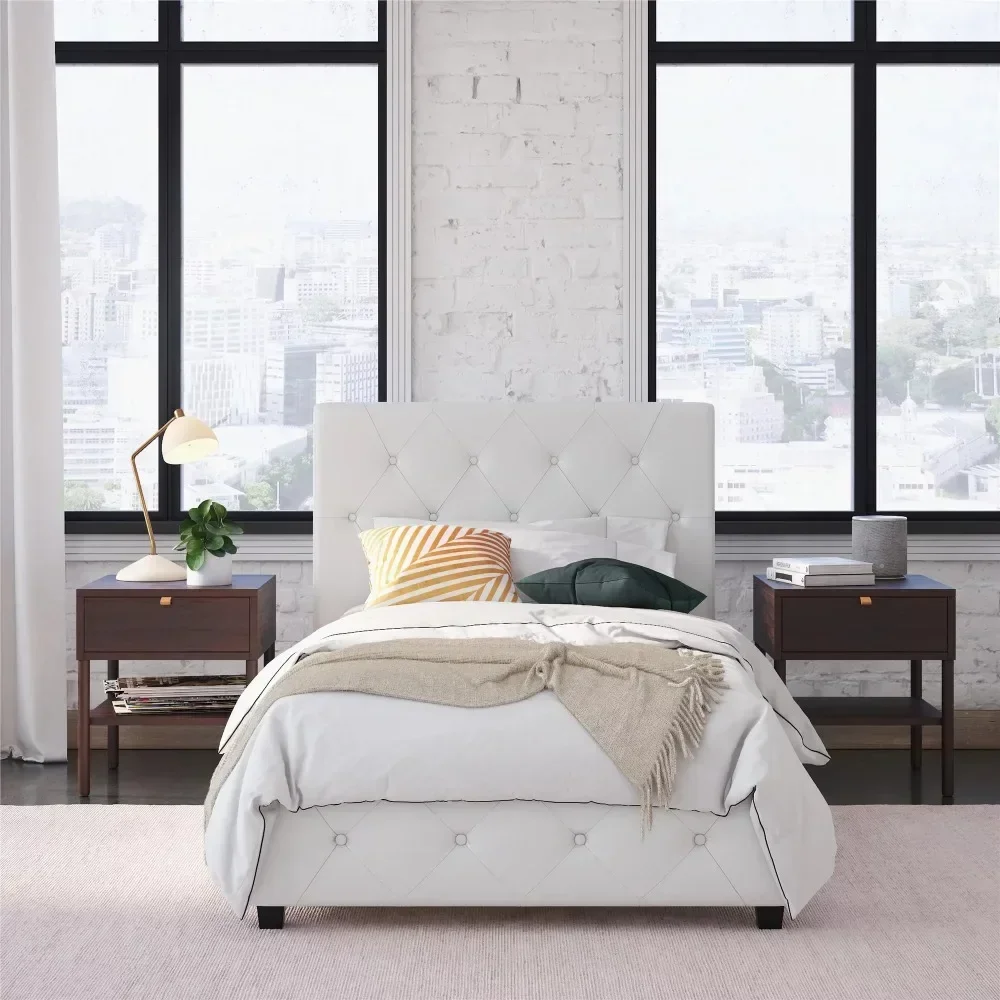 Twin size Bed Frame, Upholstered Platform Beds, Button Tufted with White Faux Leather Bed Frame
Twin size Bed Frame, Upholstered Platform Beds, Button Tufted with White Faux Leather Bed Frame