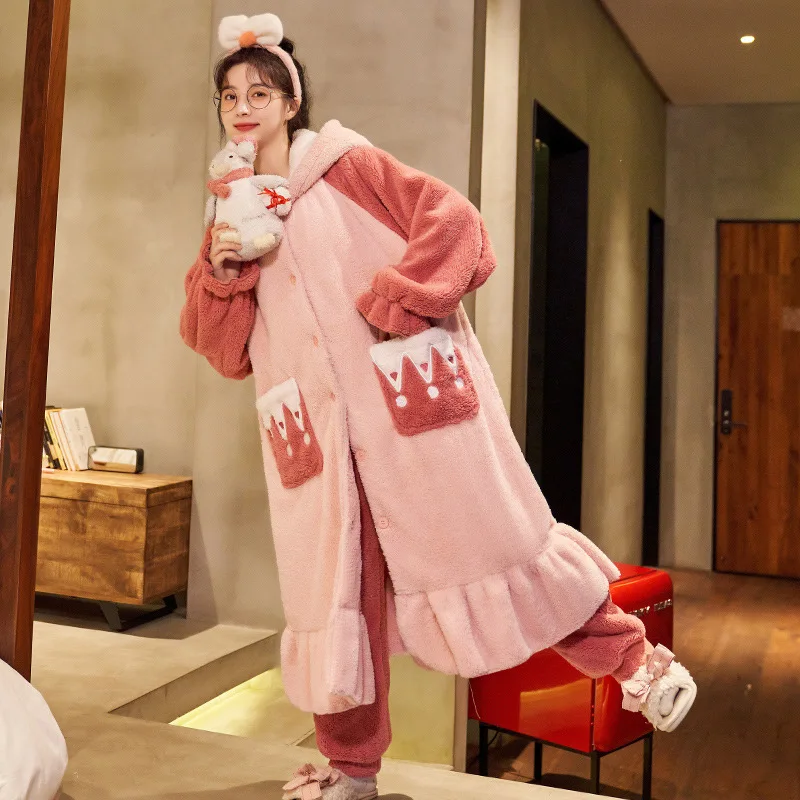Fashion Women's Autumn Winter Plush Pajamas Set Hooded Single Breasted Gown + Pants 2Pcs Cute Thick Outerwear Warm Home Outfit
Fashion Women's Autumn Winter Plush Pajamas Set Hooded Single Breasted Gown + Pants 2Pcs Cute Thick Outerwear Warm Home Outfit
