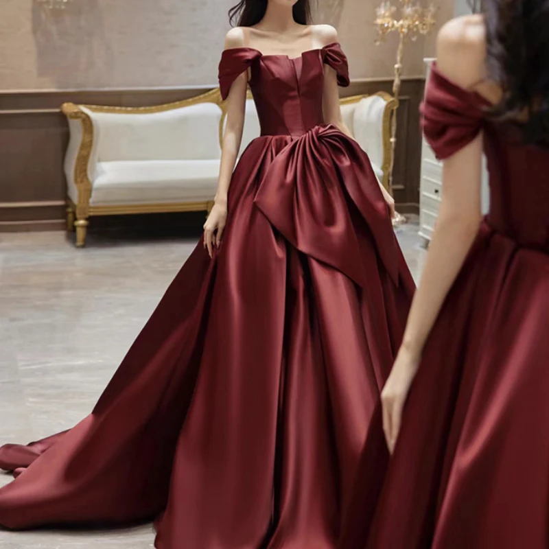 Temperament Satin Slash Neck Short Sleeve Wedding Party Dress Front Bow Slim Fit Ceremonial Dresses Floor Length Draped Vestidos
Temperament Satin Slash Neck Short Sleeve Wedding Party Dress Front Bow Slim Fit Ceremonial Dresses Floor Length Draped Vestidos