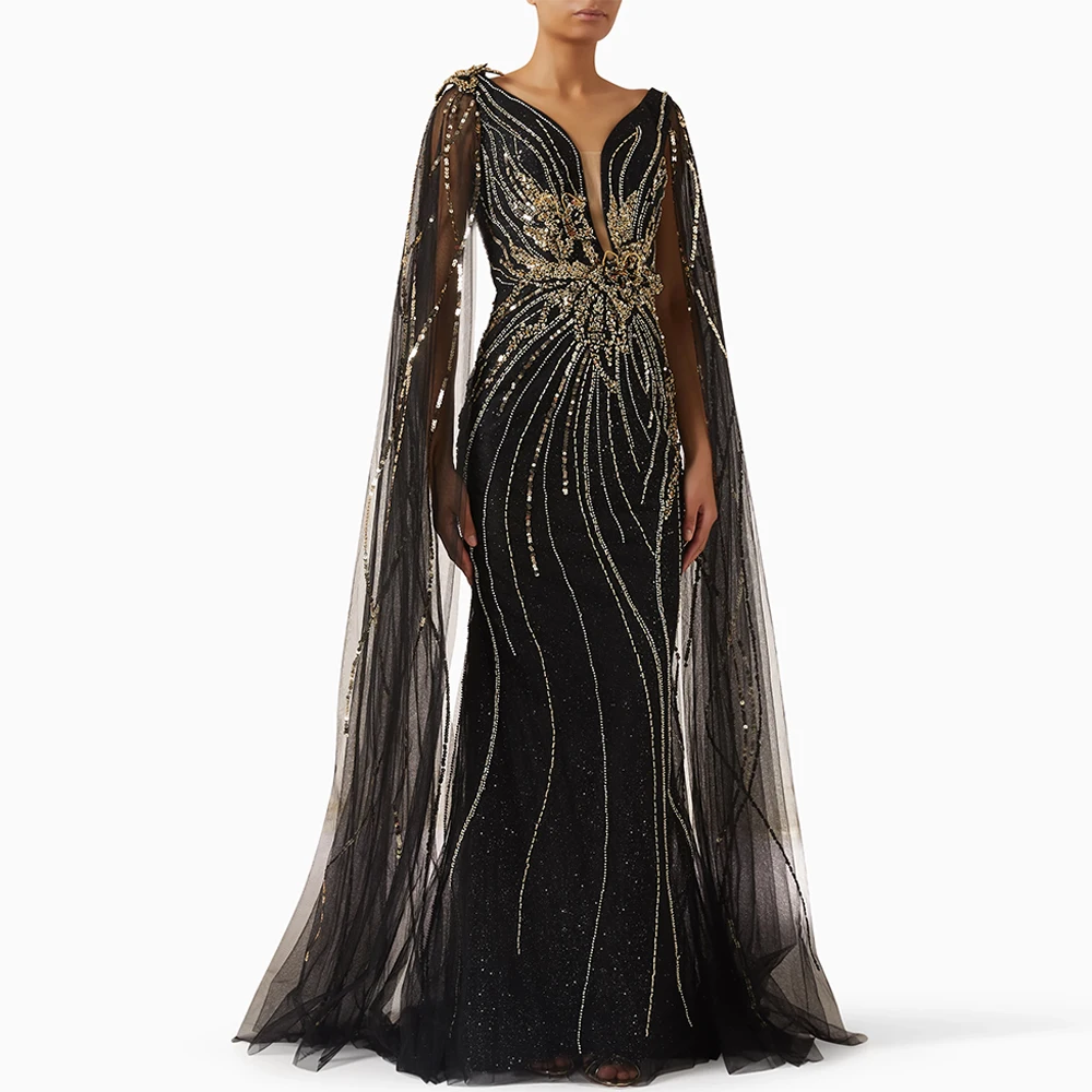 Exquisite Black Tulle Evening Dress Customized Mermaid V-Neck Watteau Train Celebrity Gowns Sparkly Sequined Beading Prom Dress
Exquisite Black Tulle Evening Dress Customized Mermaid V-Neck Watteau Train Celebrity Gowns Sparkly Sequined Beading Prom Dress