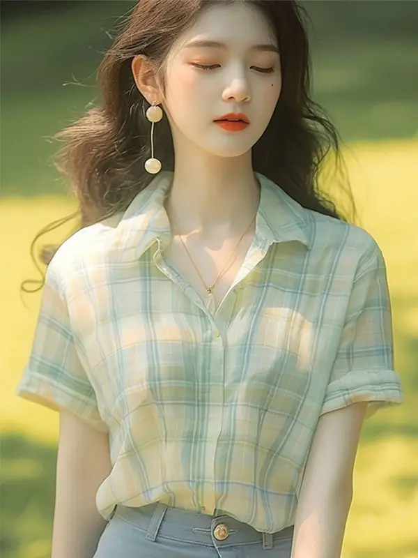 Temperament Retro Green Checked Shirt for Women in Summer New Style Unique and Unique TopYY30
Temperament Retro Green Checked Shirt for Women in Summer New Style Unique and Unique TopYY30