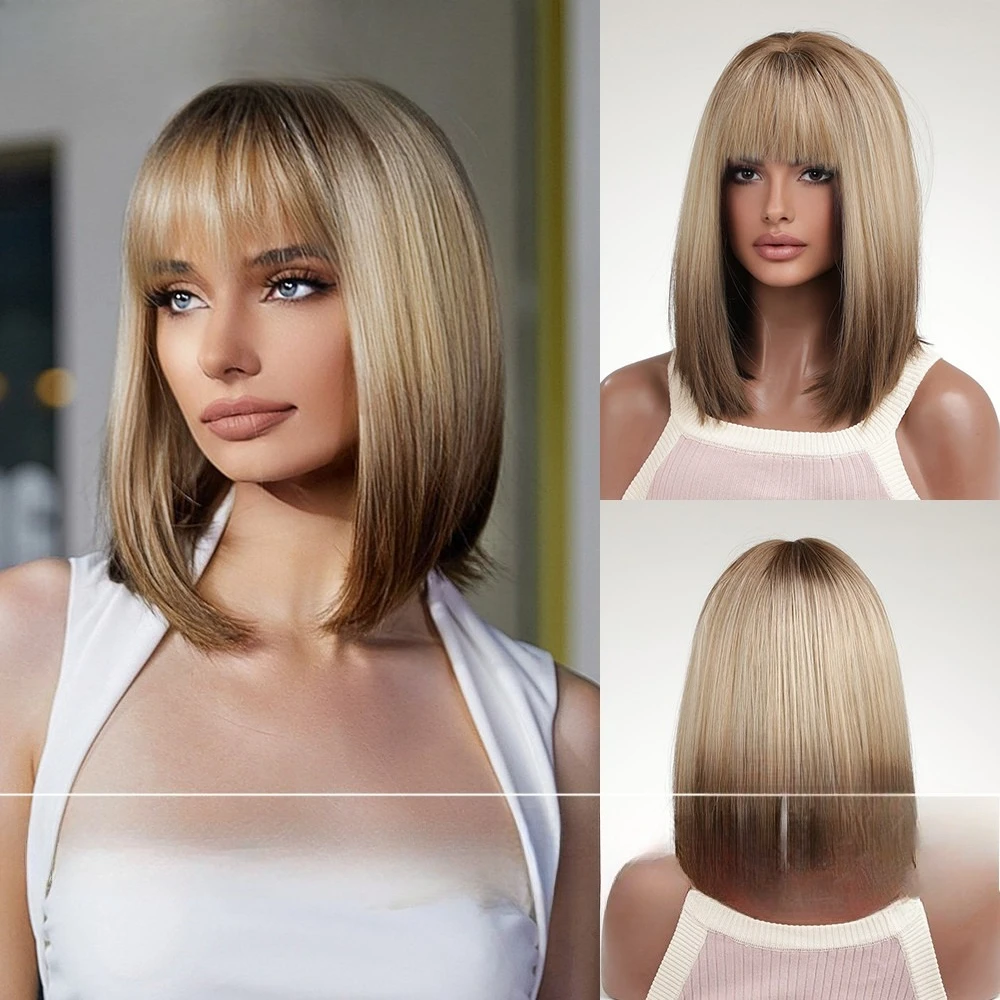 Wig female medium and long straight hair, new Qi bangs gradual change golden wig, European and American style natural full head
Wig female medium and long straight hair, new Qi bangs gradual change golden wig, European and American style natural full head