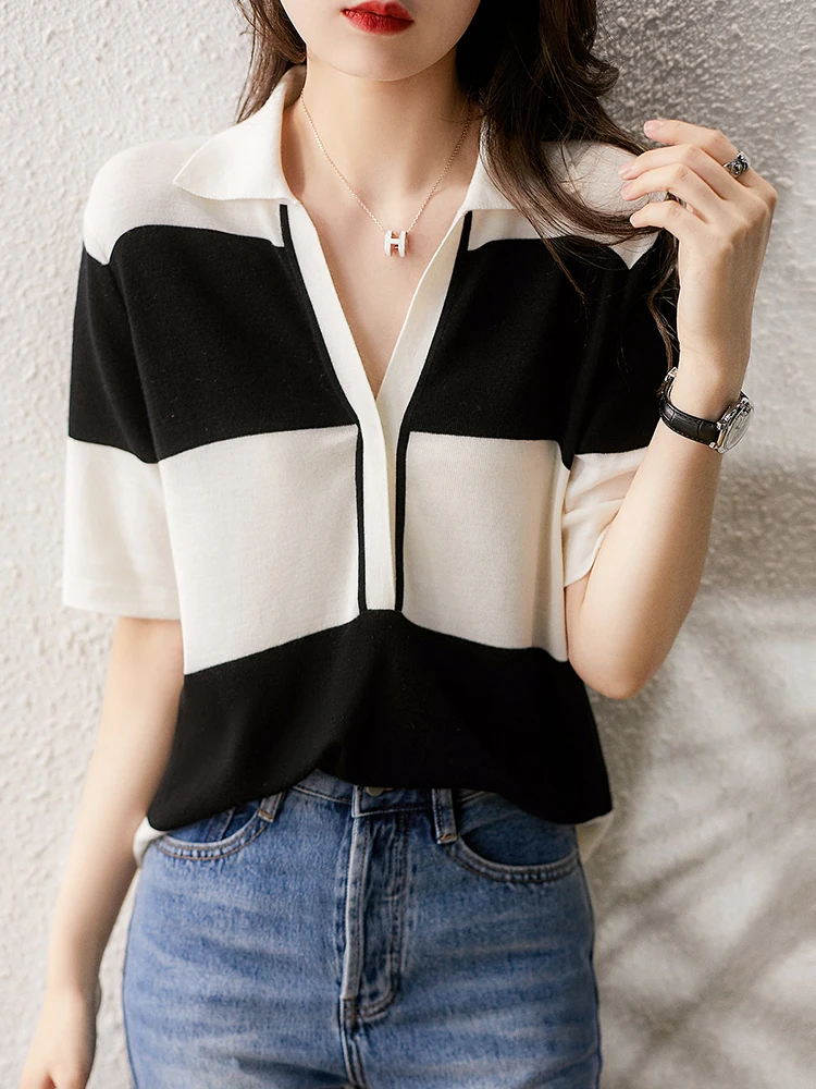 Short Sleeve Tops Women Summer Tshirt Knitted Striped T Shirt Turn-down Collar Womens Clothing 2022 Casual Tees Tee Shirt Femme
Short Sleeve Tops Women Summer Tshirt Knitted Striped T Shirt Turn-down Collar Womens Clothing 2022 Casual Tees Tee Shirt Femme