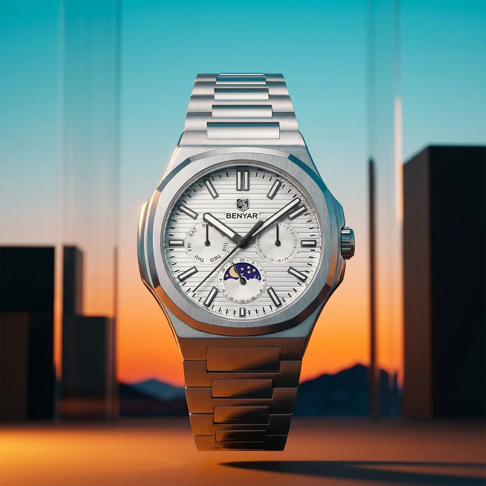 BENYAR Luxury Men Watch Stainless Steel Bracelet Moon Phase Chronograph Quartz watch Business Luminous Waterproofwatches for man
BENYAR Luxury Men Watch Stainless Steel Bracelet Moon Phase Chronograph Quartz watch Business Luminous Waterproofwatches for man