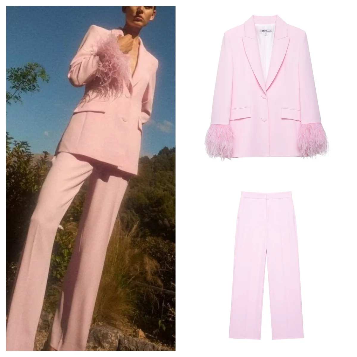 European and American style 2025 early autumn new temperament commuting two-piece suit feather cuffs suit jacket with high waist
European and American style 2025 early autumn new temperament commuting two-piece suit feather cuffs suit jacket with high waist