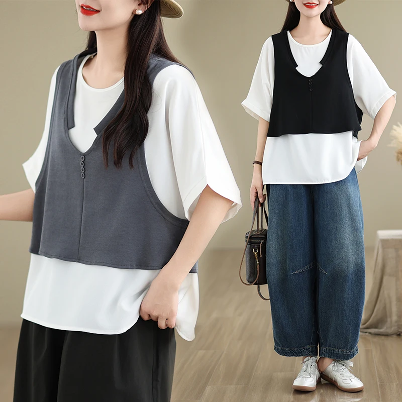 Women Summer New Fake Two-piece Casual T-shirt Loose Large Size Short-sleeved Tops Tees Oversized T Shirt Kimono Mujer
Women Summer New Fake Two-piece Casual T-shirt Loose Large Size Short-sleeved Tops Tees Oversized T Shirt Kimono Mujer