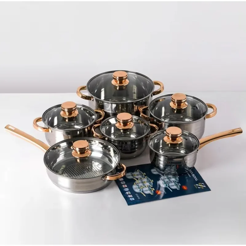 12-Piece Stainless Steel Cookware Set with Gold Handles, Includes Soup & Milk Pots
12-Piece Stainless Steel Cookware Set with Gold Handles, Includes Soup & Milk Pots