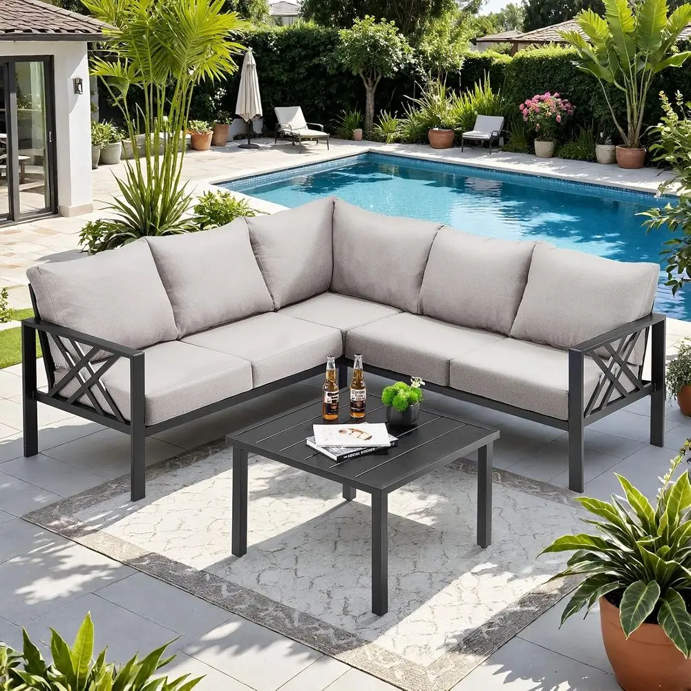 6-Piece Metal Outdoor Sectional Sofa Set with Coffee Table, L-Shaped Couch, Grey Cushions for Patio, Balcony, Backyard
6-Piece Metal Outdoor Sectional Sofa Set with Coffee Table, L-Shaped Couch, Grey Cushions for Patio, Balcony, Backyard