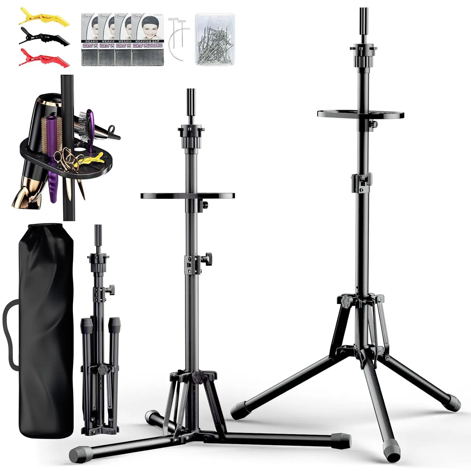 Adjustable Wig Tripod Stand with Tool Tray - Reinforced Metal Mannequin Head for Hair Styling Training
Adjustable Wig Tripod Stand with Tool Tray - Reinforced Metal Mannequin Head for Hair Styling Training
