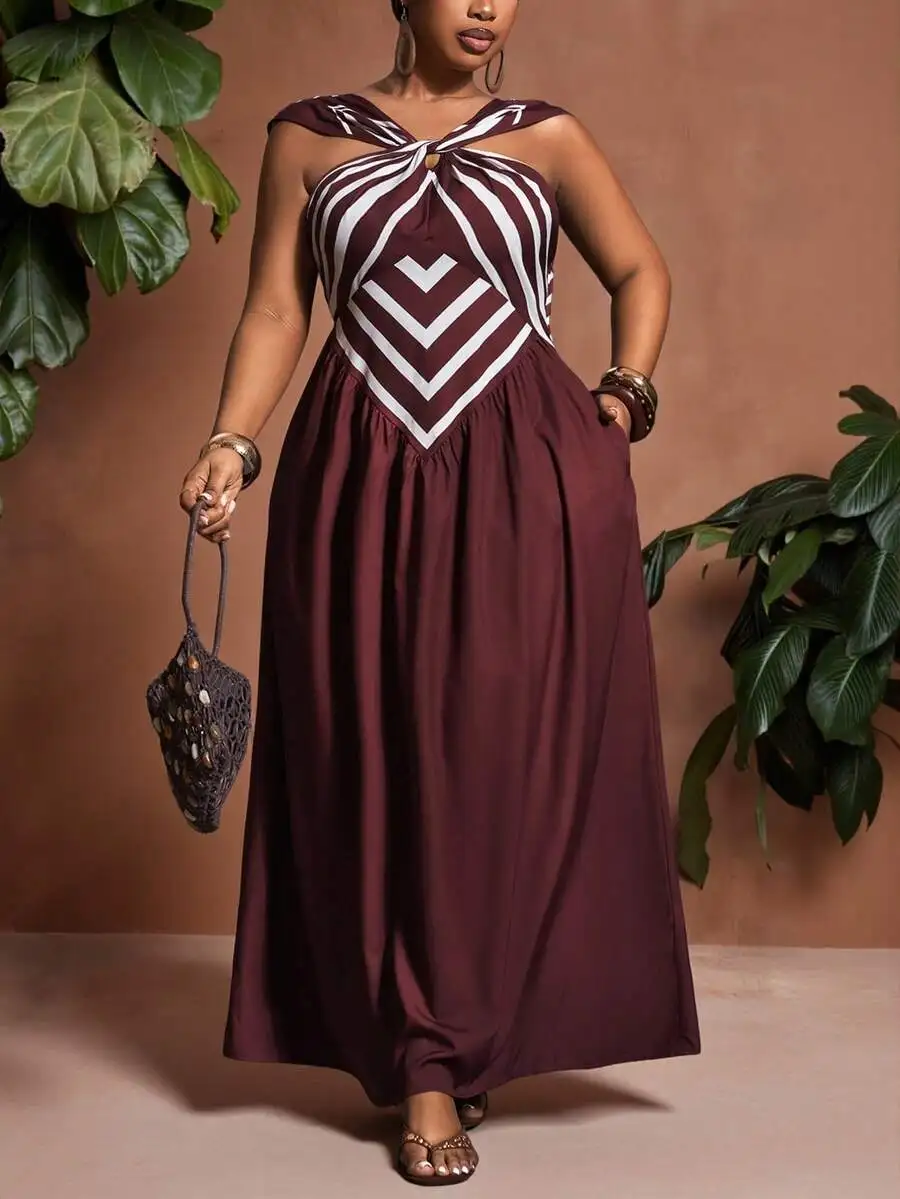Plus Size Women Striped Halter Sleeveless Maxi Dress Summer Vacation Casual
Plus Size Women Striped Halter Sleeveless Maxi Dress Summer Vacation Casual