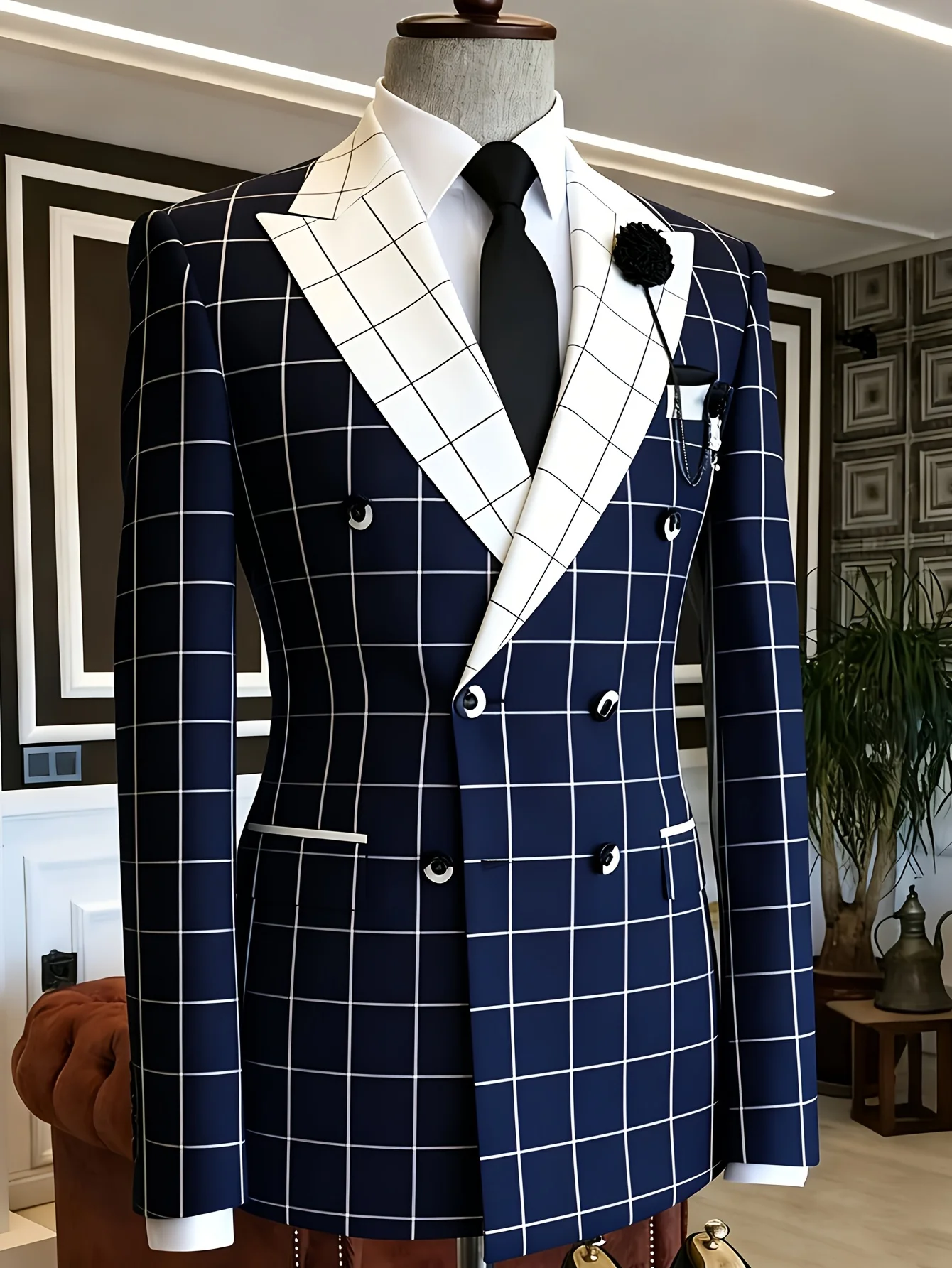 Men Navy Blue Windowpane Check Double Breasted Blazer White Grid Lapel Two Tone Buttons Flower Brooch Slim Fit Wedding Groom For
Men Navy Blue Windowpane Check Double Breasted Blazer White Grid Lapel Two Tone Buttons Flower Brooch Slim Fit Wedding Groom For