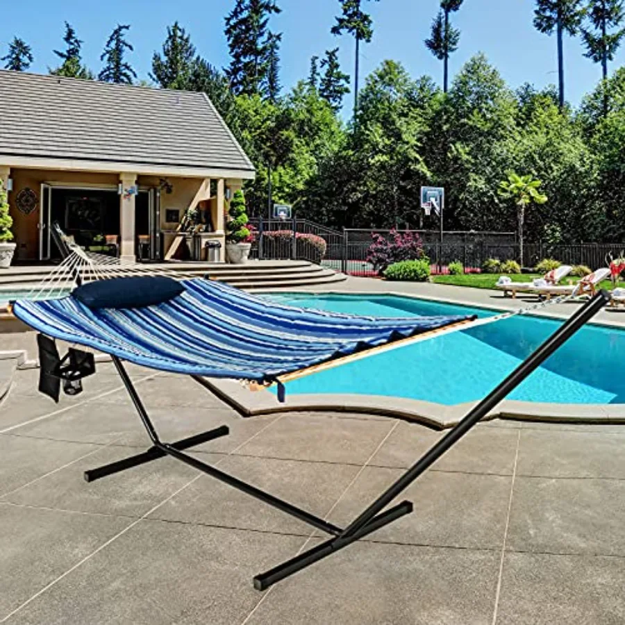 Backyard patio porch double hammock combo: cotton fabric, navy blue, 12ft steel stand with pillow, cup holder, carry bag for in
Backyard patio porch double hammock combo: cotton fabric, navy blue, 12ft steel stand with pillow, cup holder, carry bag for in
