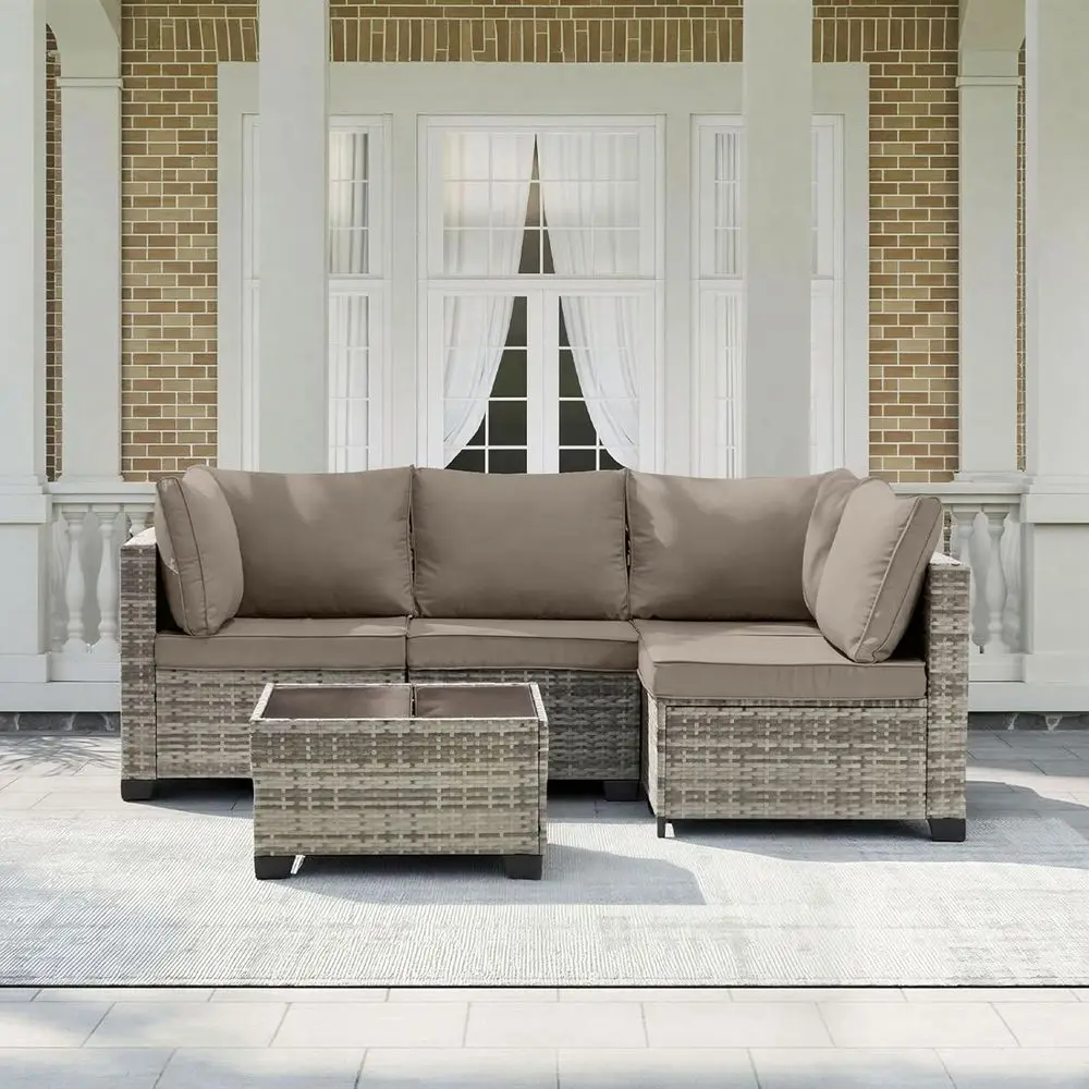 All-Weather Outdoor Patio Sectional Sofa Set with Grey PE Rattan Wicker, Glass Table, and Washable Khaki Cushions for Backyard,
All-Weather Outdoor Patio Sectional Sofa Set with Grey PE Rattan Wicker, Glass Table, and Washable Khaki Cushions for Backyard,