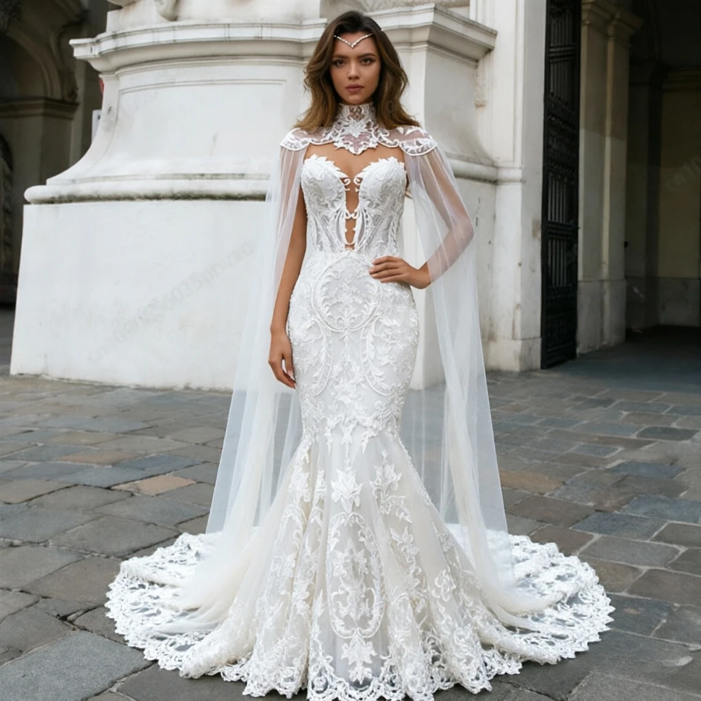 Customized Elegant Mermaid Wedding Dress with Detachable Cape Scoop Neck Lace Applique Embroidered Bridal Gown Vestidos De Novia
Customized Elegant Mermaid Wedding Dress with Detachable Cape Scoop Neck Lace Applique Embroidered Bridal Gown Vestidos De Novia