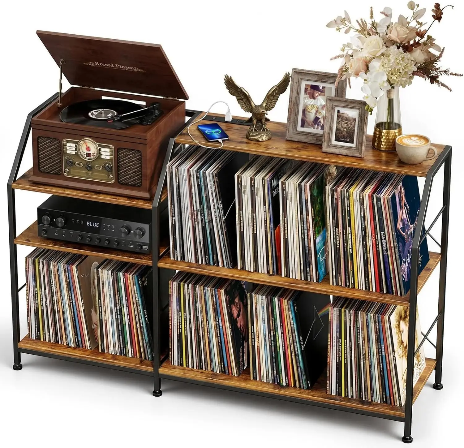 Large Record Player Stand with Vinyl Storage & Power Outlets, 500+ Albums Cabinet, Sturdy 3-Tier Turntable Stand with Speaker Shelf, Easy Assembly, Vintage Brown
Large Record Player Stand with Vinyl Storage & Power Outlets, 500+ Albums Cabinet, Sturdy 3-Tier Turntable Stand with Speaker Shelf, Easy Assembly, Vintage Brown