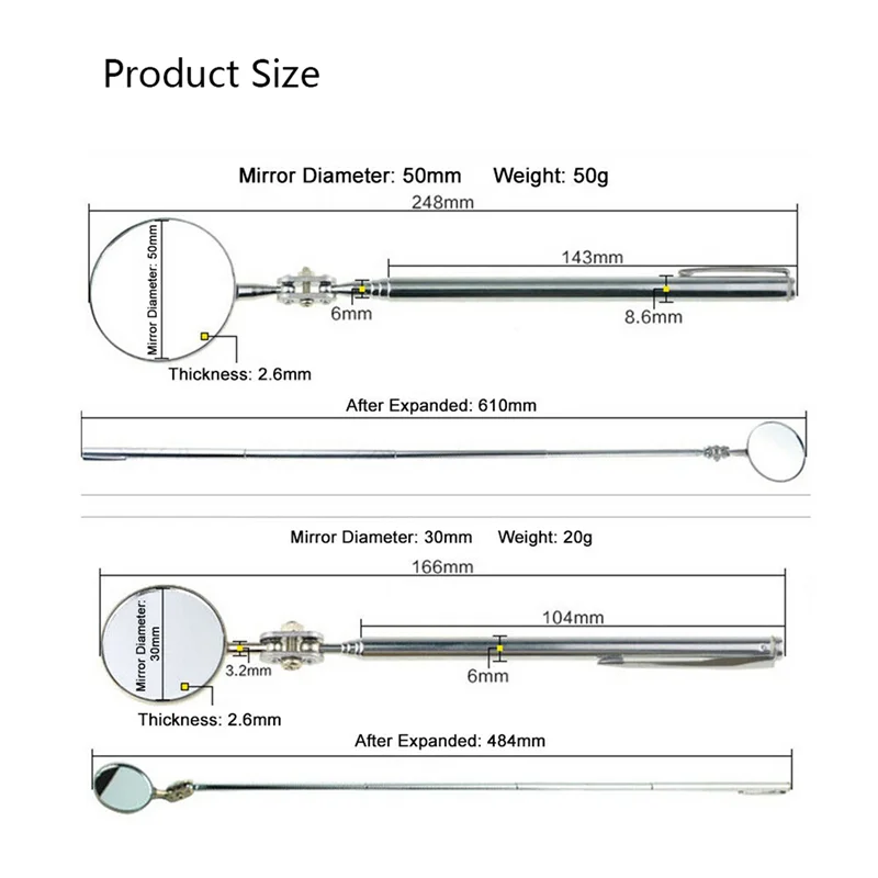 AB61-6X Универсальное автомобильное зеркало для технического обслуживания, складной телескопический отражатель, сварочное зеркало 50 мм 
AB61-6X Универсальное автомобильное зеркало для технического обслуживания, складной телескопический отражатель, сварочное зеркало 50 мм