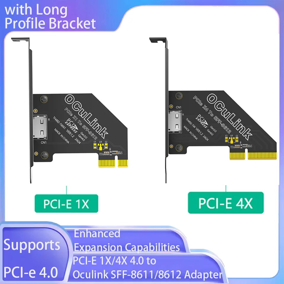 PCI-E 1X/4X 4.0 to Oculink SFF-8611/8612 Adapter with Long Profile Bracket Wide Compatibility Across Operating Systems Adapter
PCI-E 1X/4X 4.0 to Oculink SFF-8611/8612 Adapter with Long Profile Bracket Wide Compatibility Across Operating Systems Adapter