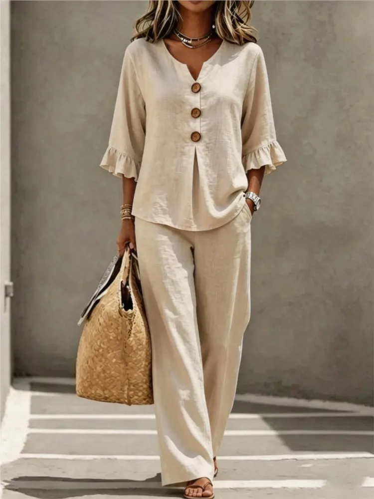 V-neck Ruffled Three-quarter Sleeve Shirt Two-piece Set 2026 Summer Loose Solid Color Top Casual Women Shirt Wide-leg Pants Suit
V-neck Ruffled Three-quarter Sleeve Shirt Two-piece Set 2026 Summer Loose Solid Color Top Casual Women Shirt Wide-leg Pants Suit
