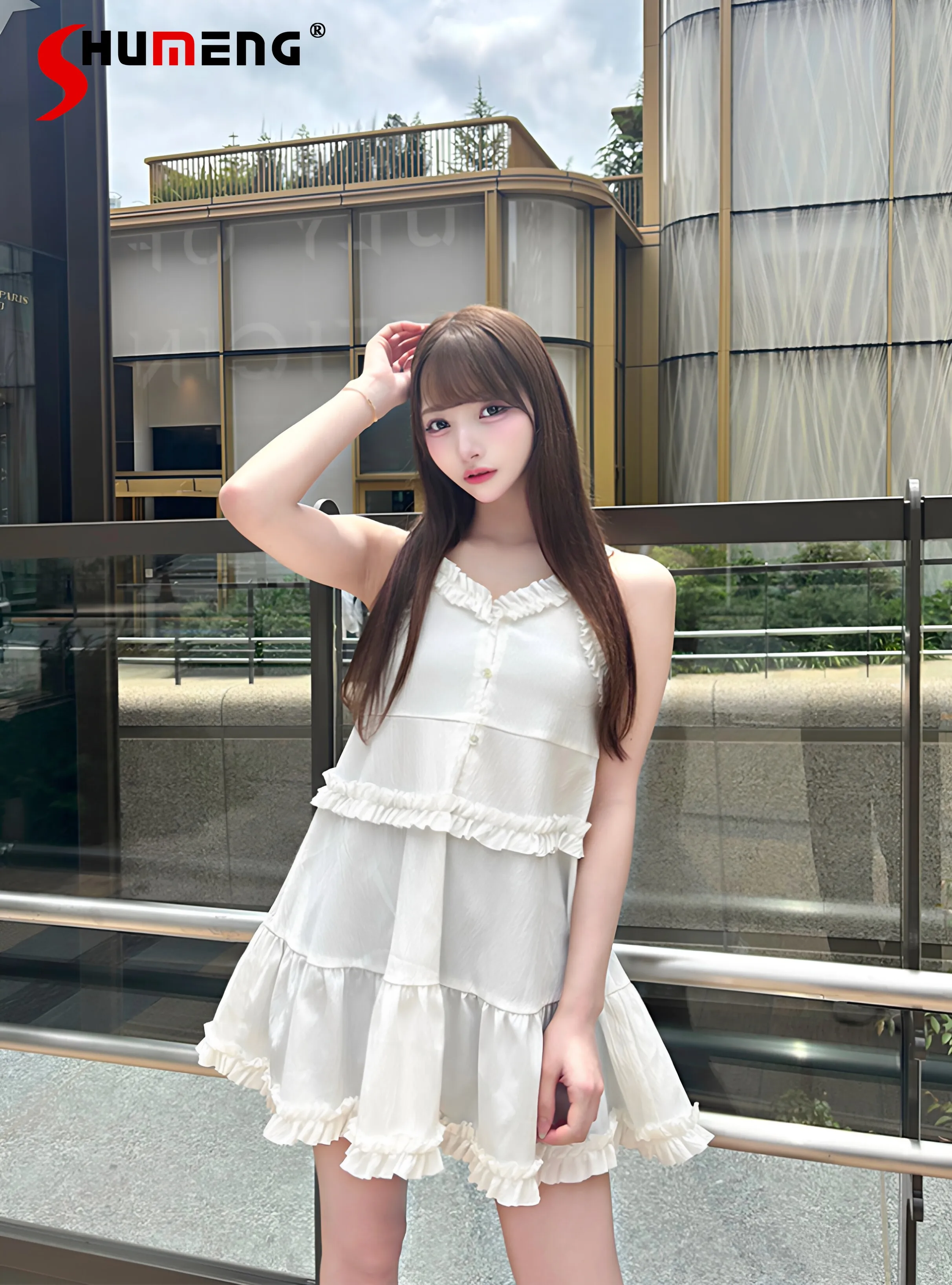 Japanese Elegant Sweet Ruffled Spliced V-neck Sleeveless 2Way Wearing Loose Versatile Short Sling Dress for Women Summer 2026
Japanese Elegant Sweet Ruffled Spliced V-neck Sleeveless 2Way Wearing Loose Versatile Short Sling Dress for Women Summer 2026