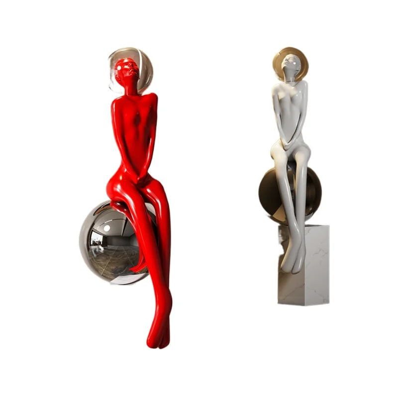 Modern girl art sculpture floor-to-ceiling ornament, creative sitting posture in the sales office of the designer 
Modern girl art sculpture floor-to-ceiling ornament, creative sitting posture in the sales office of the designer