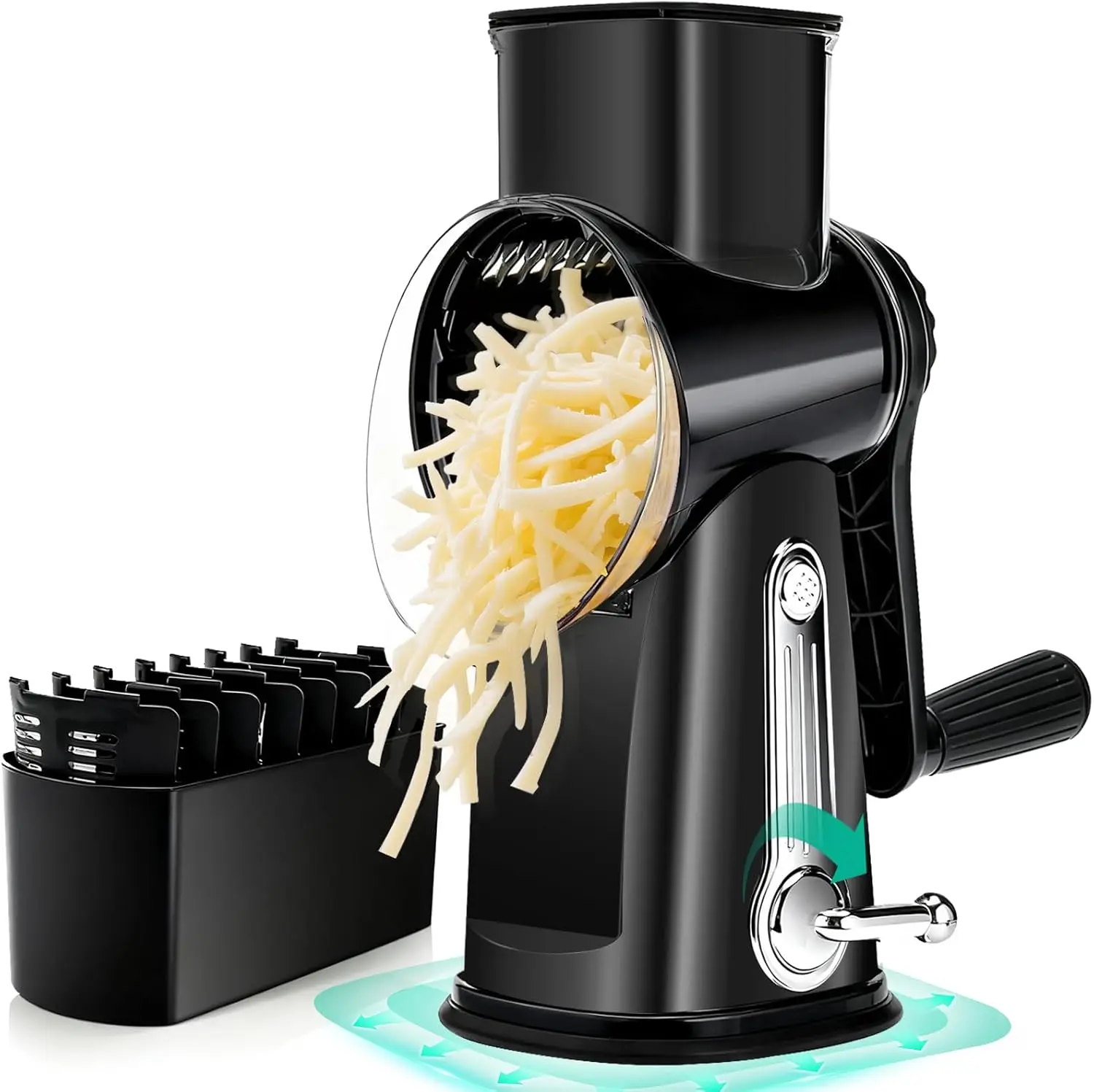 Rotary Cheese Grater with 5 Blades & Suction Base, Vegetable Slicer & Shredder, Kitchen Gadget with Storage Box, Black
Rotary Cheese Grater with 5 Blades & Suction Base, Vegetable Slicer & Shredder, Kitchen Gadget with Storage Box, Black