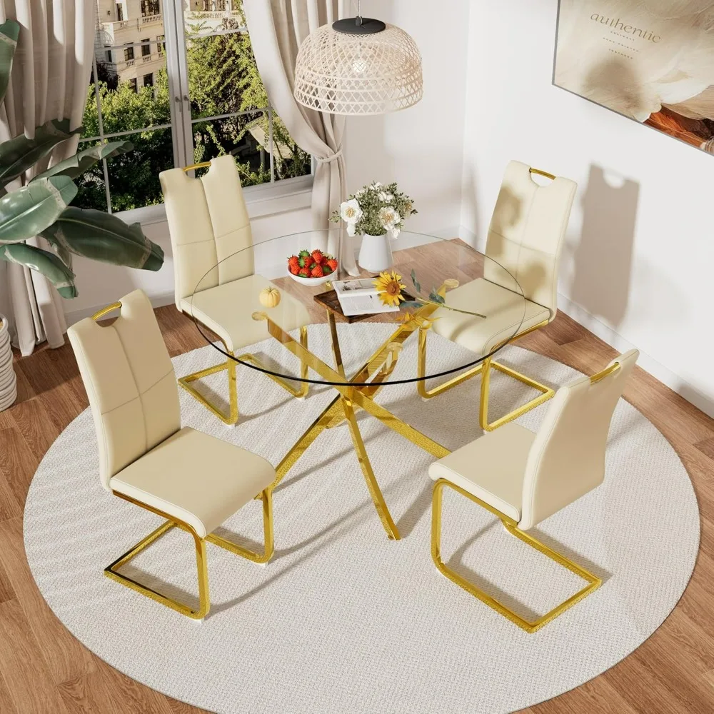5 Pieces Modern Gold Round Kitchen Table Set, Beige PU Faux Leather Chairs Set of 4, 39'' Small Luxury Circular Dinner Room Set
5 Pieces Modern Gold Round Kitchen Table Set, Beige PU Faux Leather Chairs Set of 4, 39'' Small Luxury Circular Dinner Room Set