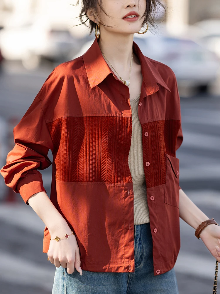 Women's shirt spring and autumn encore red spliced long-sleeved lapel button-up tops
Women's shirt spring and autumn encore red spliced long-sleeved lapel button-up tops